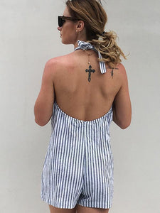 Stripe Button Halter Beach Rompers