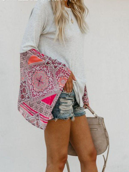 Autumn Solid Color Round Neck Long Sleeve Print Loose Stitching Top