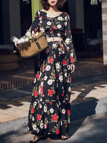 Floral Print Flare Sleeve Crop Top High Waist Maxi Skirt Two Pieces Set