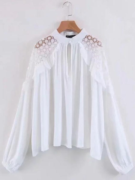 Human Cotton Crepe Lace Bohemian Retro Stitching Openwork Pullover Loose Blouse