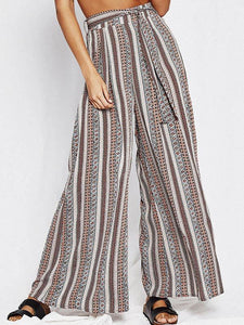 Print Stripe Belted High Waist Wide Leg Pants