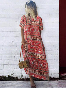 Casual Vintage Print Boho Summer Short Sleeve Plus Size Maxi Dress