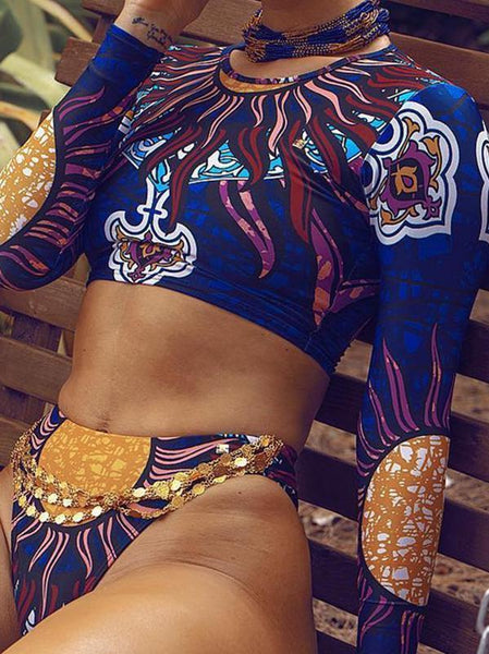 Ethnic Style Split Bikini Print Long Sleeve Swimsuit