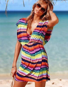 Stripe Deep V Beach Bikini Blouse Mini Dress