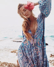 Load image into Gallery viewer, Bohemian Floral Long Sleeve V-neck Button Maxi Loose Dress
