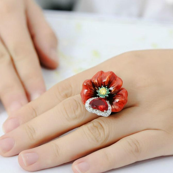 Enamel Cloisonne Red Flower Leaf Heart Cubic Zirconia Luxury Jewelry For Women Big Gift For Girls Engagement Rings