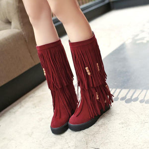 Women Boho Winter Tassel Warm Hidden Heel Long Boots