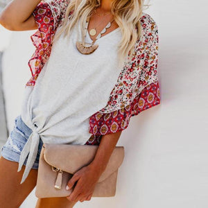 Boho Printed Geometric Irregularity Short-Sleeved Blouse Tops