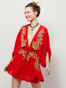 Embroidered Deep V-neck Long Sleeve Mini Dress