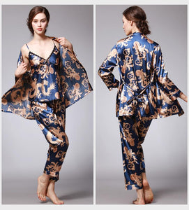 Silk Pajamas Ladies Spring and Summer Dragon Printed Silk Home Dress Three Pack
