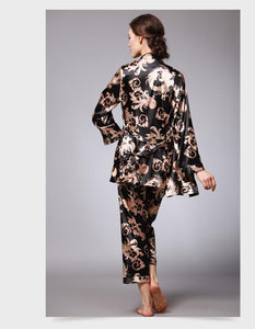 Silk Pajamas Ladies Spring and Summer Dragon Printed Silk Home Dress Three Pack