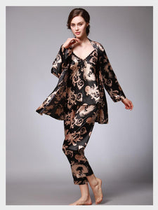 Silk Pajamas Ladies Spring and Summer Dragon Printed Silk Home Dress Three Pack