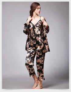 Silk Pajamas Ladies Spring and Summer Dragon Printed Silk Home Dress Three Pack