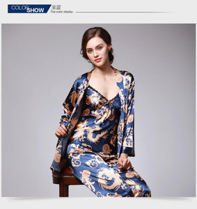 Silk Pajamas Ladies Spring and Summer Dragon Printed Silk Home Dress Three Pack