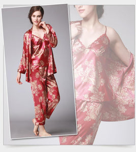 Silk Pajamas Ladies Spring and Summer Dragon Printed Silk Home Dress Three Pack