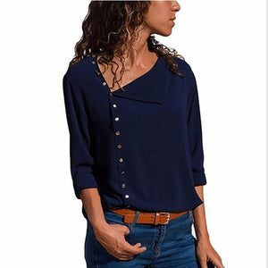 Casual Solid Color Irregular Diagonal Collar Button Long Sleeve Shirt