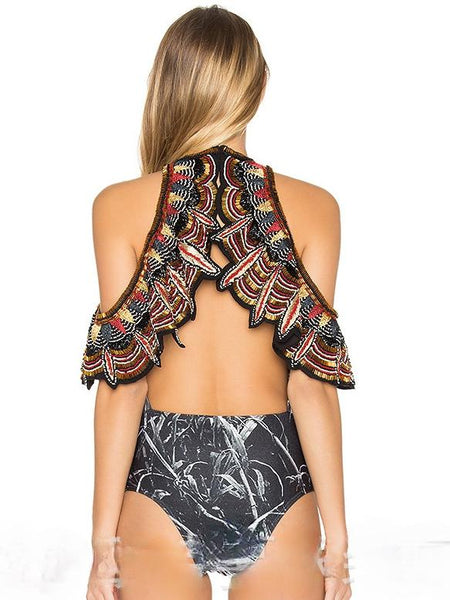 Rainforest Indian Totem Print Shoulder Jumpsuit Original Sexy Swimsuit