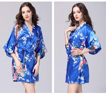 Load image into Gallery viewer, Silk nightgown women's summer mid sleeve peacock pajamas bathrobe large size home clothes 2
