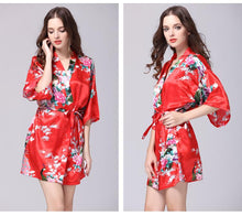 Load image into Gallery viewer, Silk nightgown women's summer mid sleeve peacock pajamas bathrobe large size home clothes 1
