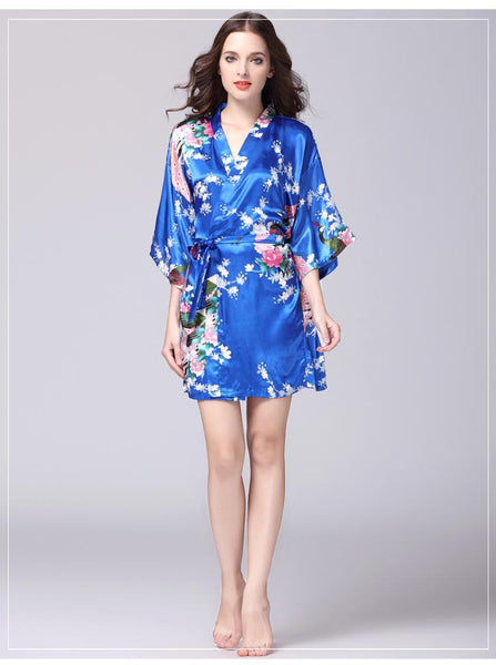 Silk nightgown women's summer mid sleeve peacock pajamas bathrobe large size home clothes 2