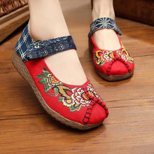 Load image into Gallery viewer, Peony Embroidered Old Peking Hook Loop Flat Shoes
