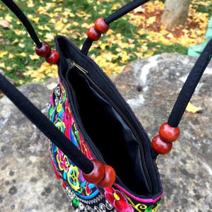 Sun Flower Embroidery Ethnic Travel Women Shoulder Bags Handmade Canvas Wood Beads Handbag
