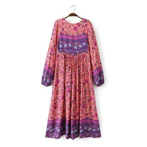 Boho Gypsy Floral Tassel V Neck Long Sleeve Bohemian Fashion Dress