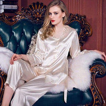 Load image into Gallery viewer, Spring and summer long sleeve suit imitation silk thin sexy lace large women's home wear pajamas
