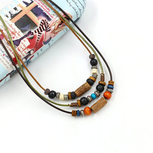 Vintage bohemian folk style multi-layer colorful wood bead necklace Long fashion sweater chain