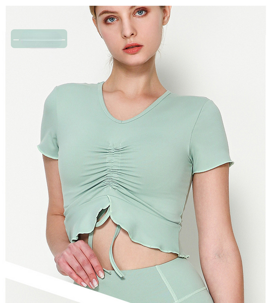 Rope v-neck sports short sleeve lotus leaf pendulum short yoga jacket with chest pad nude yoga