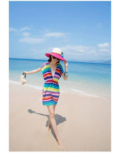 Stripe Deep V Beach Bikini Blouse Mini Dress