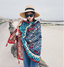 Load image into Gallery viewer, Blue Women Bohemia Floral Tassels Scarf&amp;Cap
