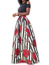 Load image into Gallery viewer, Solid Color Cold Shoulder Tops High Waist Rose Print Skirt 2 Pieces Set
