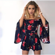 Load image into Gallery viewer, Floral Print Off Shoulder Flared Sleeve Boho Rompers
