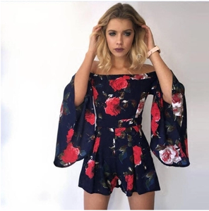 Floral Print Off Shoulder Flared Sleeve Boho Rompers