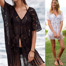 Load image into Gallery viewer, V Neck Lace Splice Tassel Swimwear Beach Tops Bikini Cover Up
