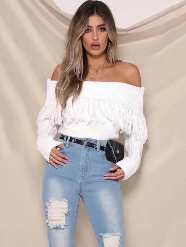 Knit Off Shoulder Long Sleeve Tassel Sweater