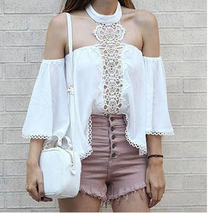 Sexy One Shoulder Hanging Neck Lace Chiffon Stitching Top T-Shirt Chiffon Shirt