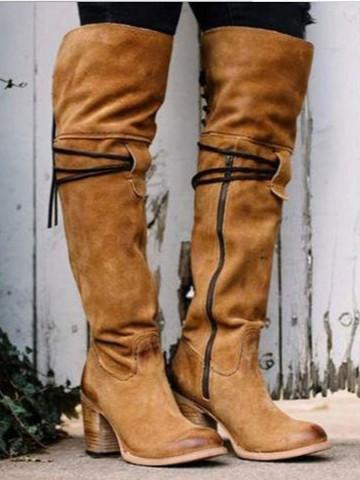 winter suede round head side zipper high thick heel boots