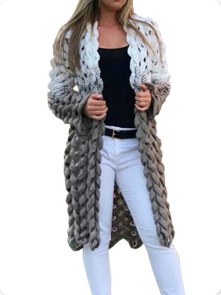 White Gray Patchwork Knitted Cardigan Women Elegant Hollow Out Long Sleeve Christmas Sweater Winter Fashion Outwear Coat