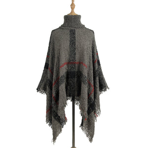 Sweater women's mid-length high collar fringe cape loose large size knit