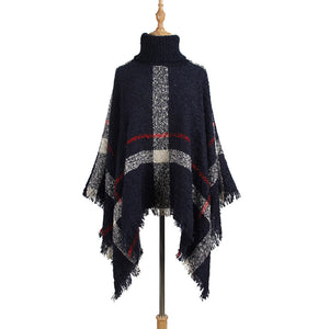 Sweater women's mid-length high collar fringe cape loose large size knit