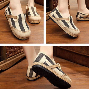 Stripe Pattern Flax Breathable Retro Flat Slip On Women Shoes