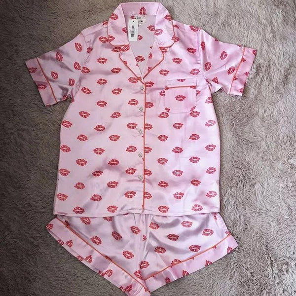 Sexy home service two-piece pajama set with ice silk satin strong print short sleeve shorts