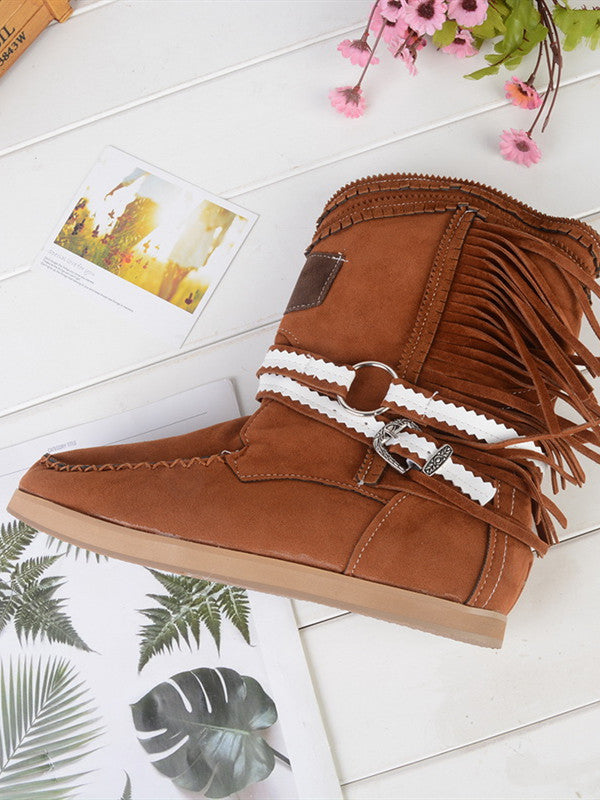 Fringe Midden Laarzen Vrouwen Sexy Kwastje Laarzen Mode Gesp Motorlaarzen Platte Hak Laars Vrouwen Cowboy Stijl  Boot