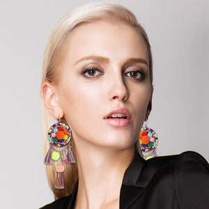 Ethnic Bohemia Dangle Pompom Shell Beads Silk Long Tassel Earrings