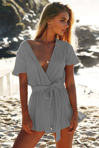 Solid Color Deep V Neck Short Sleeve Belted Rompers