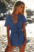 Load image into Gallery viewer, Solid Color Deep V Neck Short Sleeve Belted Rompers
