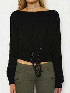 Solid Color Lace Up Pullover Sweater