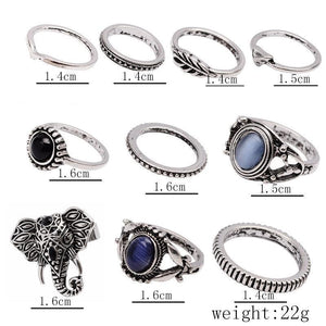 Bohemian Elephants Ring Retro Stone 10pcs Rings Sets For Women
